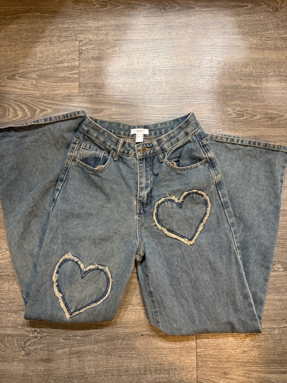 Forever 21 Distressed Heart Patch Wide Leg Jeans - Blue Denim